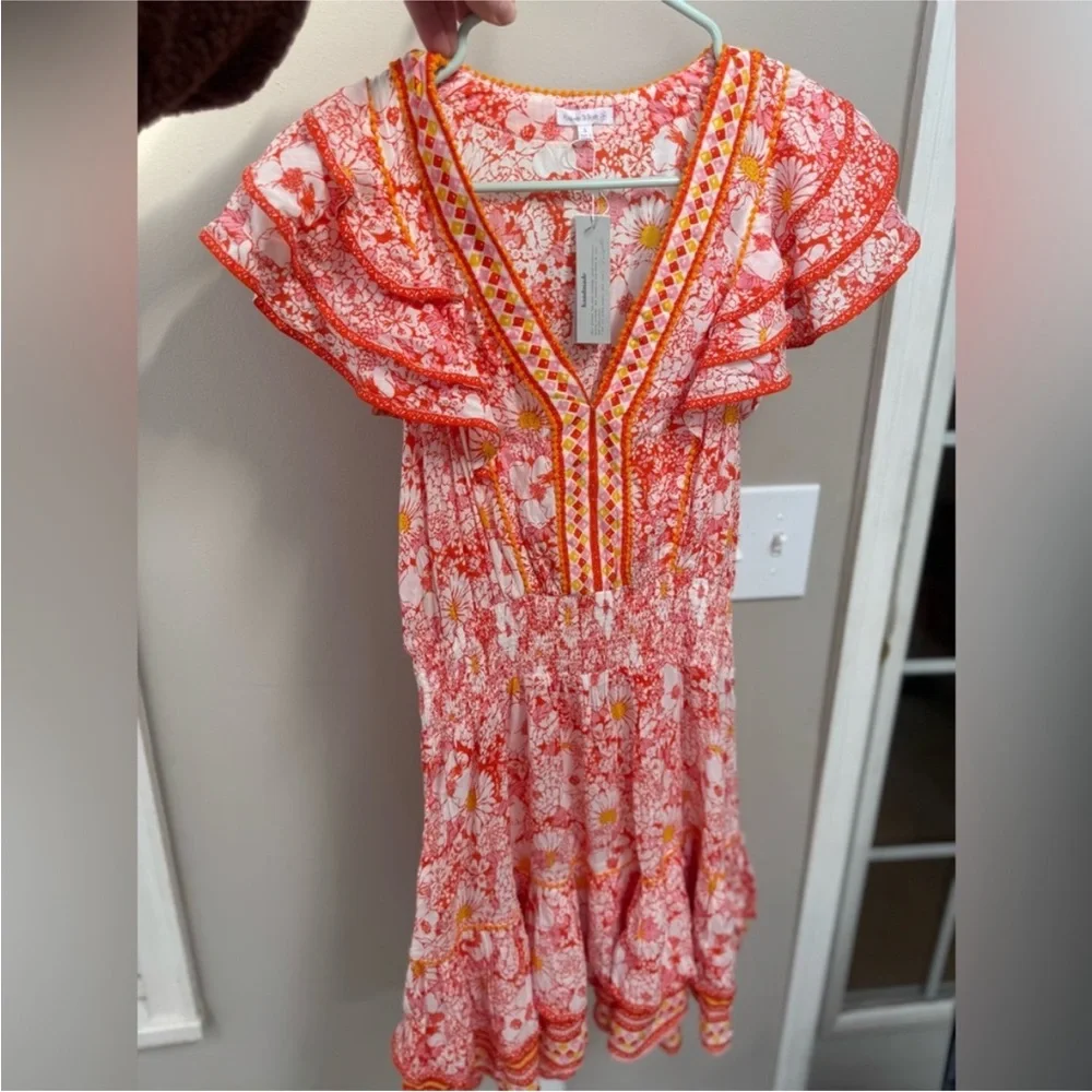 NWT Poupette St Barth Floral Boho Resort Mini Dress Pink Orange Camila - Picture 8 of 8